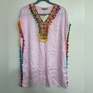 Sahiba Women’s Pink Mexican Poncho with Multicolor Pom Poms L/XL